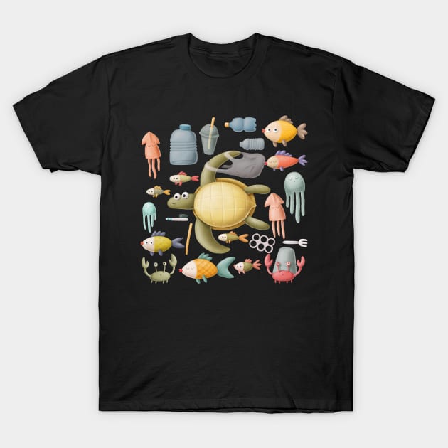 Plastic ocean with turtle and fishes. T-Shirt by CaptainPixel